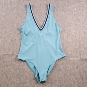 DnuD Paris Trim Ribbed One Piece Swimsuit V-Neck Plus Size 14 (T.6) Light Blue